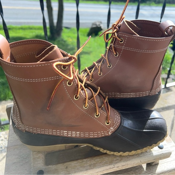 LL Bean Men’s 9M Duck Boots Tan Leather Brown Rubber 6 Eye Maine USA 8 Inch - Picture 8 of 11